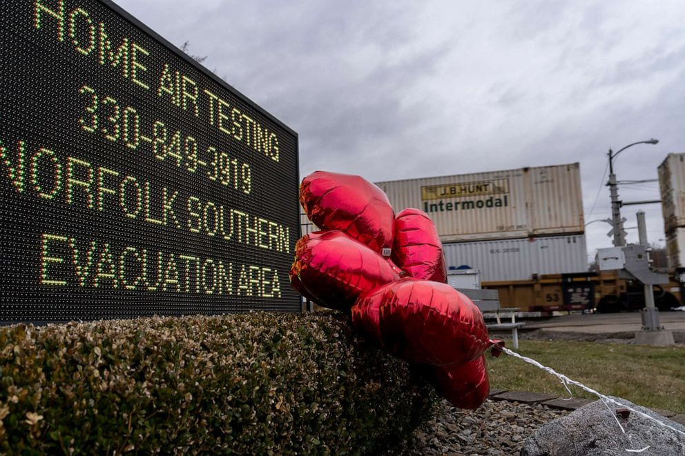 Balloons are placed next to a sign displaying information for residents to receive air-quality tests from Norfolk Southern Railway on Feb. 16, 2023 in East Palestine, Ohio, after a train derailment with an environmental impact.